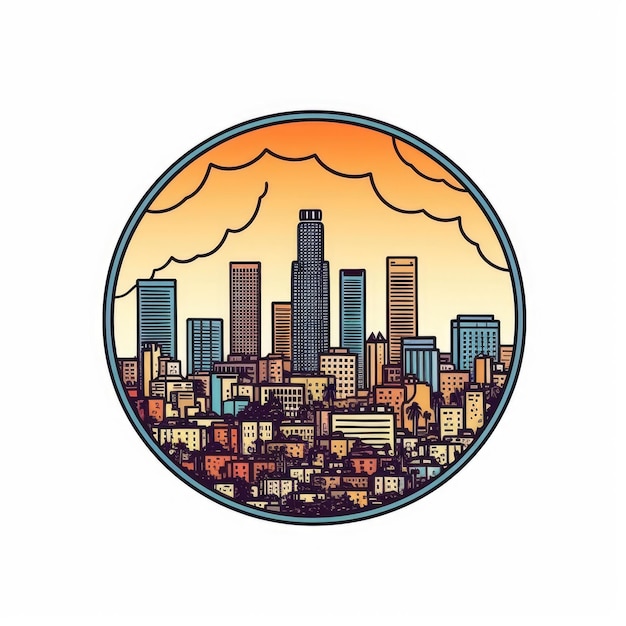 Un cadre en forme de cercle avec l'espace central de l'horizon de la ville de Los Angeles dans un style de dessin animé simple couleur doodle belle IA générative AIG32