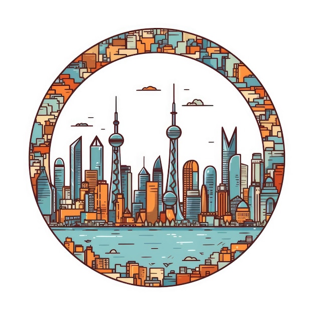 Un cadre en forme de cercle avec l'espace central de l'horizon de la ville de Shanghai dans un style de dessin animé simple couleur doodle belle IA générative AIG32