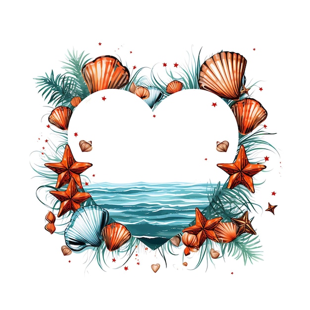 Cadre en forme de cœur avec des coquillages, des étoiles de mer et des marqueurs de palmiers Clipart Tshirt Design