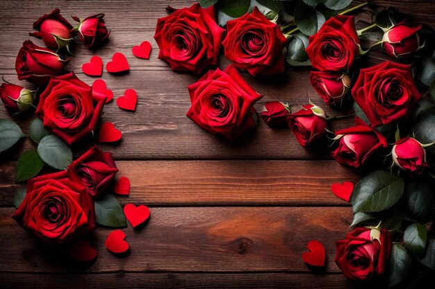 Photo un cadre en forme de cœur avec de nombreuses roses rouges sur la table