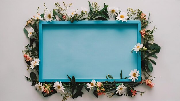 Un cadre de frontière bleu vide avec des fleurs sur fond blanc