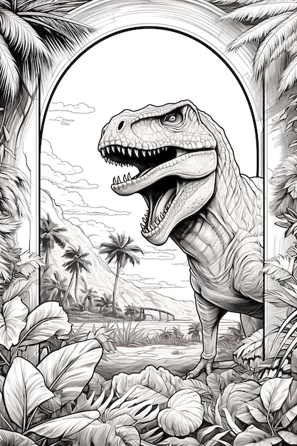 Cadre de frontière de paradis préhistorique de dinosaure sur la page de coloriage de livre blanc
