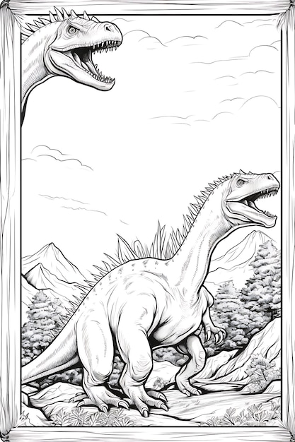 Cadre de frontière de paradis préhistorique de dinosaure sur la page de coloriage de livre blanc