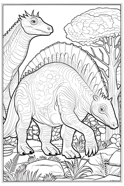 Photo cadre de frontière de paradis préhistorique de dinosaure sur la page de coloriage de livre blanc