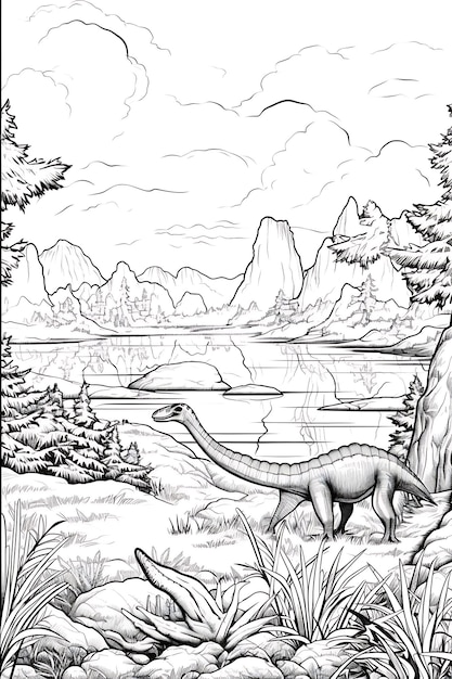 Photo cadre de frontière de paradis préhistorique de dinosaure sur la page de coloriage de livre blanc