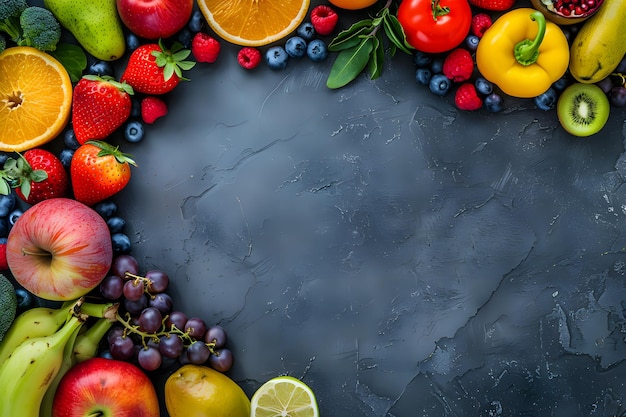 Cadre de fruits et légumes frais sur fond sombre Vue supérieure