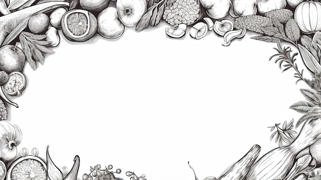 Photo cadre avec fruits et légumes illustration de style dessiné à la main noir et blanc ai génératif