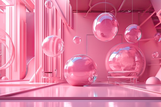 Cadre futuriste rose avec des images et des formes holographiques flottantes