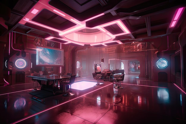 Cadre futuriste rose avec des informations holographiques flottantes et un éclairage d'un autre monde