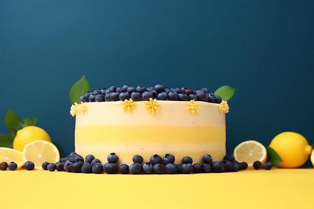 Photo cadre de gâteau au citron avec des bleuets arrière-plan jaune certains cadres de citron décoration beauté art vue supérieure