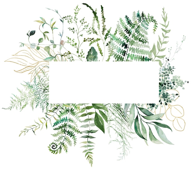 Photo cadre géométrique avec aquarelle brindilles de fougère avec feuilles vertes illustration isolée mariage botanique