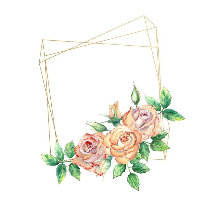 Cadre géométrique aquarelle décoré de fleurs roses pêche