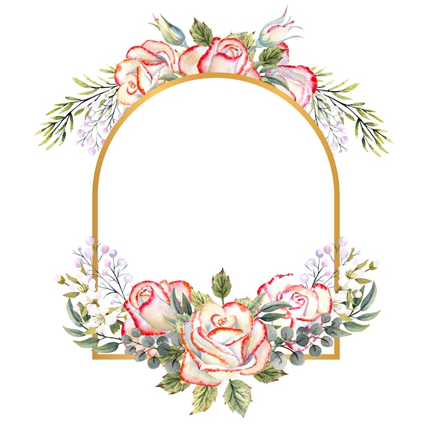 Cadre géométrique doré avec un bouquet de roses blanches avec des feuilles, des brindilles décoratives et des baies sur fond blanc isolé. Illustration à l'aquarelle pour logos, invitations, cartes de voeux, etc.