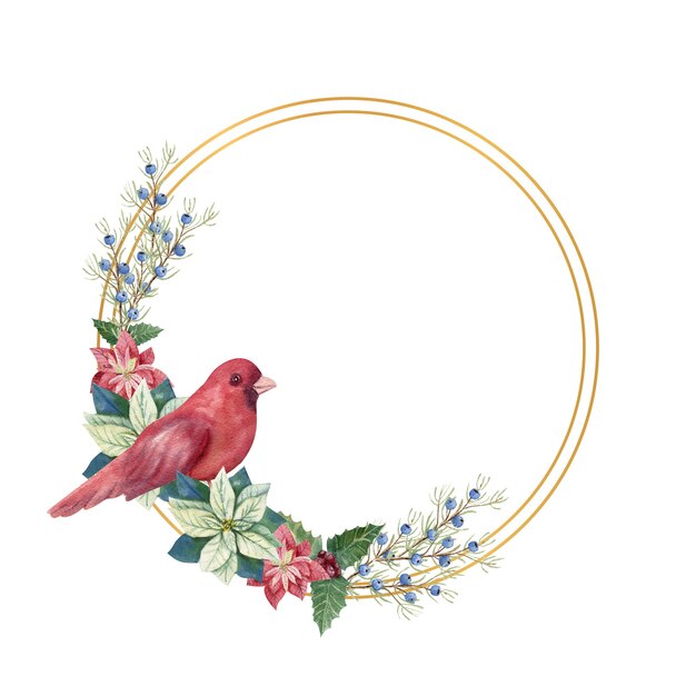 Cadre géométrique doré avec cor d'hiver et oiseau rouge. Illustration de Noël aquarelle