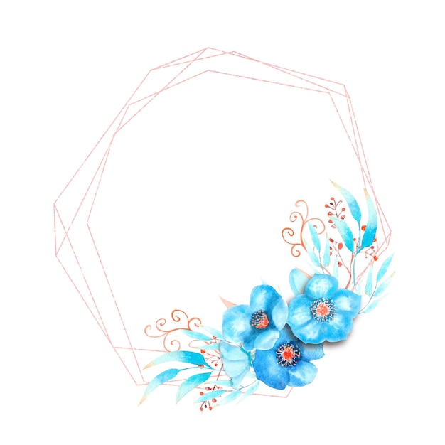 Cadre géométrique avec fleurs d'hellébore bleu, bourgeons, feuilles, brindilles décoratives sur fond blanc isolé. Bouquet au bas du cadre. Illustration à l'aquarelle.