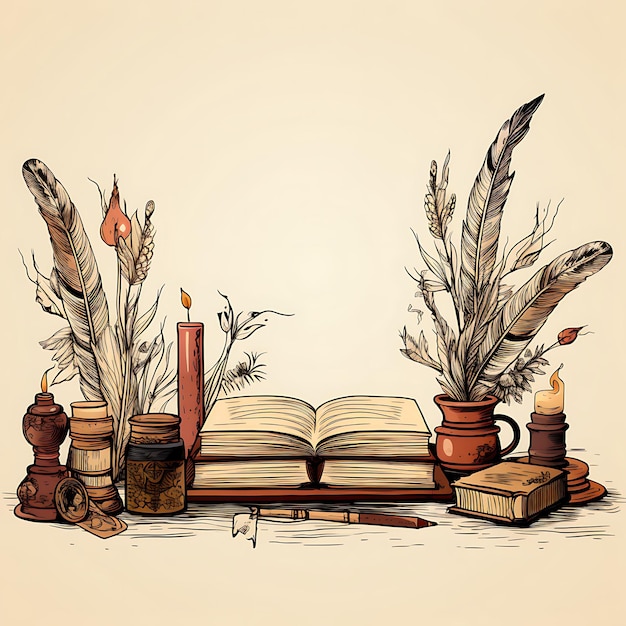 Photo cadre de gribouillages sur le thème de la bibliothèque renaissance, bordure avec livres, plumes créatives, décoratives