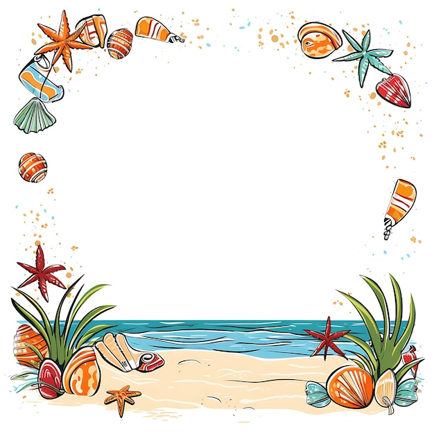 Cadre de gribouillages de vacances à la plage, avec tongs, palmiers, gribouillages créatifs et décoratifs