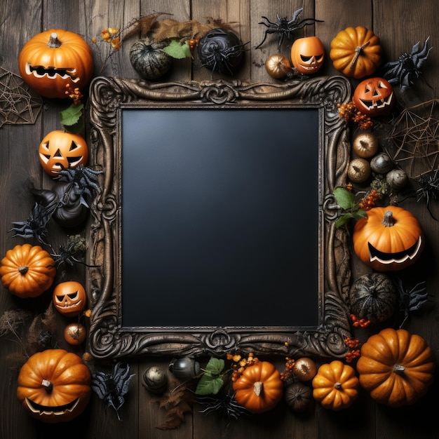Cadre d'Halloween avec des citrouilles et des décorations d'Halloween sur un fond en bois ai