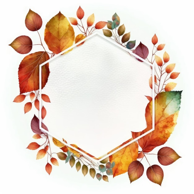 Cadre hexagonal avec des feuilles d'automne aquarelle peinte isolée sur fond blanc Thème de design d'art minimal vintage en géométrie La plus fine IA générative