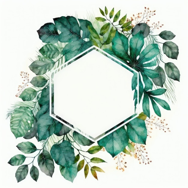 Cadre hexagonal de feuilles vertes avec aquarelle