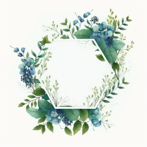 Cadre hexagonal de fleur bleue et feuilles vertes avec aquarelle