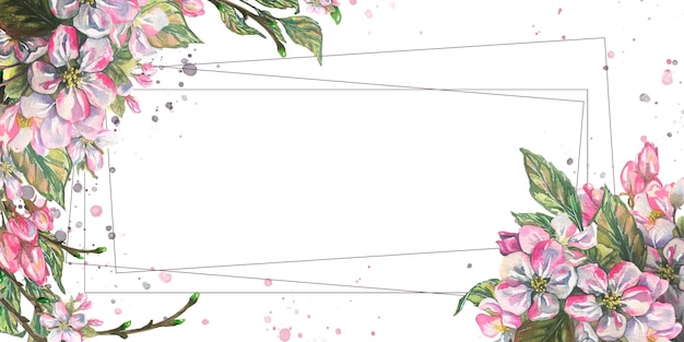 Cadre horizontal avec des brindilles de fleurs et des feuilles d'un pommier Illustration aquarelle Pour les invitations de mariage et de vacances cartes de voeux certificats de salons de beauté bannières planches