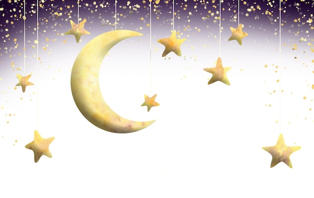 Cadre horizontal avec la lune et les étoiles suspendues Illustration à l'aquarelle Pour la conception de cartes pour enfants affiches métriques souvenirs invitations chambre autocollants certificats annonces