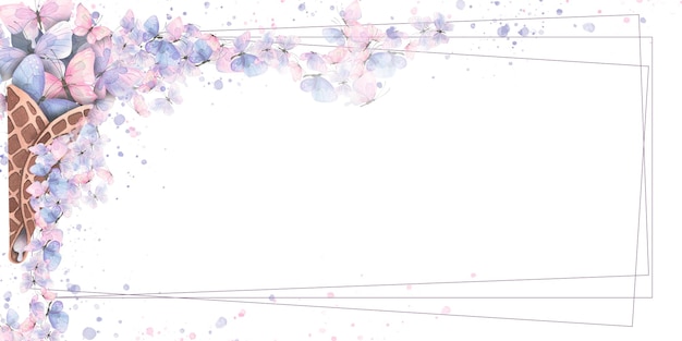 Cadre horizontal avec des papillons roses et lilas dans un cône de gaufre pour la crème glacée Illustration à l'aquarelle Pour la conception et la conception de bannières certificats invitations cartes postales publicités