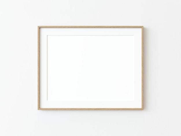 Cadre horizontal rectangulaire fin en bois clair suspendu à une maquette de mur texturé blanc Top plat 3D