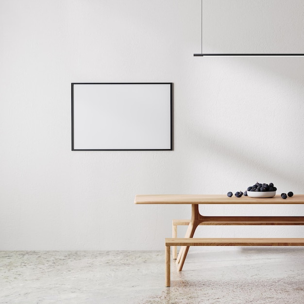 Cadre horizontal simulé dans un intérieur minimaliste de chambre moderne avec du blanc tout en lumière du soleil et ombre, table en bois avec bancs, salle à manger, rendu 3d