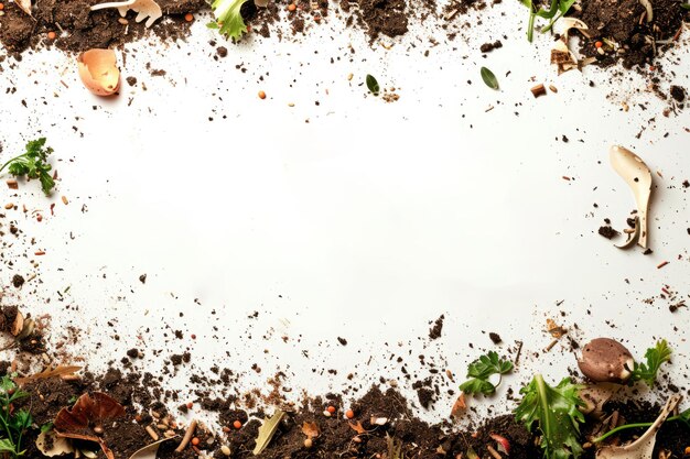 Cadre IA génératif du compost et du concept environnemental du sol des déchets alimentaires fond blanc