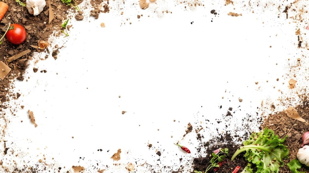Cadre IA génératif du compost et du concept environnemental du sol des déchets alimentaires fond blanc