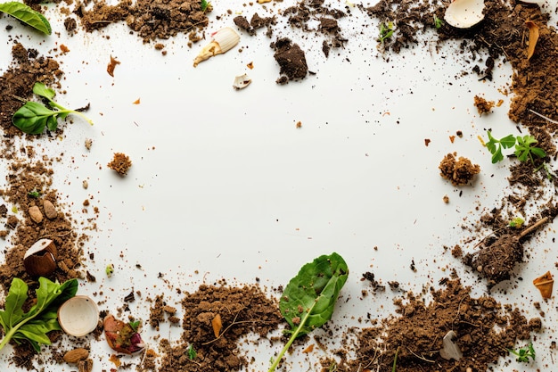 Cadre IA génératif du compost et du concept environnemental du sol des déchets alimentaires fond blanc