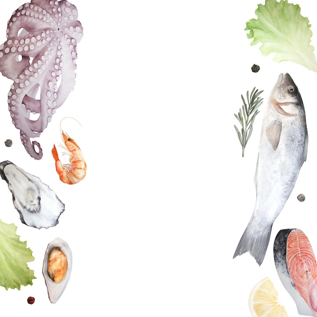 Cadre d'illustration aquarelle de fruits de mer sur fond blanc