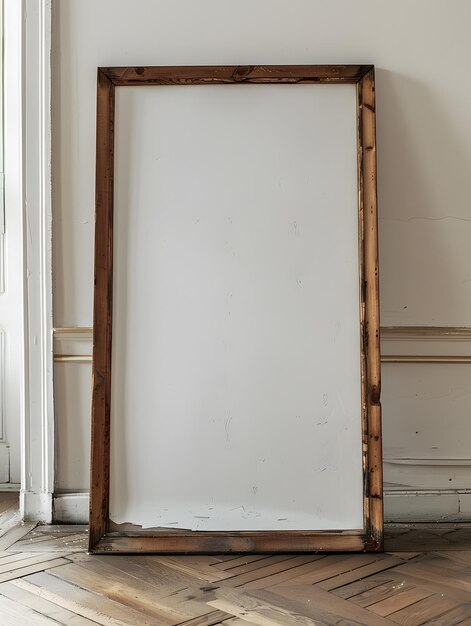 Un cadre d'image en bois repose sur le sol en bois dur à côté d'un mur