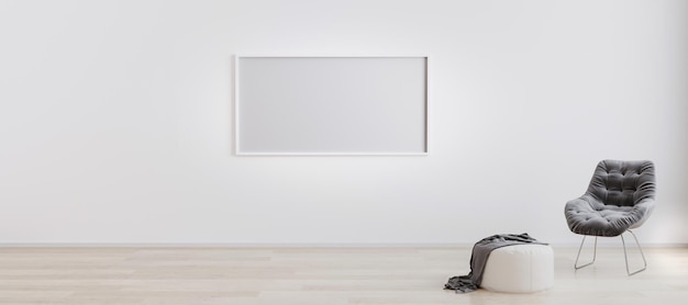 Cadre d'image horizontal vide dans une pièce avec un mur blanc et un sol en bois avec un pouf blanc et un fauteuil moderne gris Intérieur de la pièce lumineux avec un cadre d'image horizontale maquette 3D