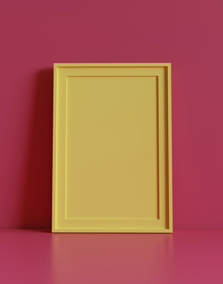 Photo cadre d&#39;image vide avec table et mur de fond. rendu 3d.