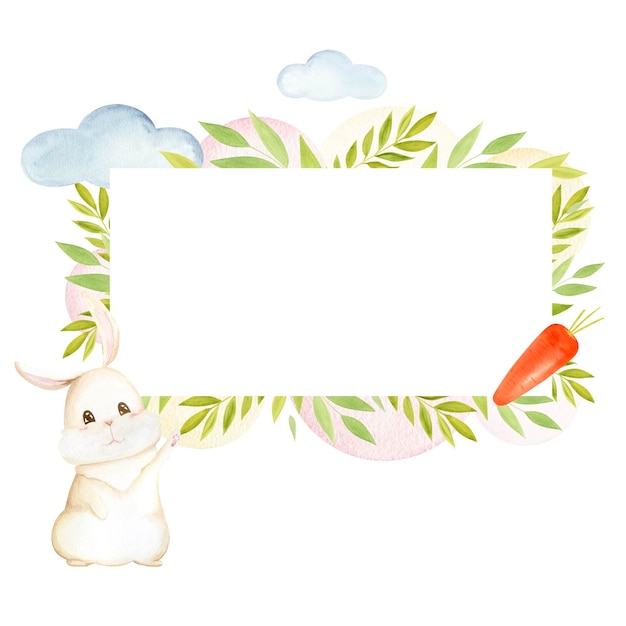 Photo cadre de lapin aquarelle avec des nuages de plantes de carotte