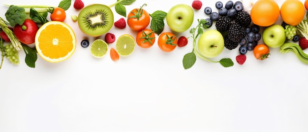 Cadre de légumes et de fruits frais isolés sur fond blanc