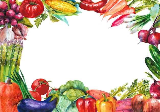 Cadre de légumes peints à la main à l'aquarelle Illustration de design alimentaire isolée sur fond blanc