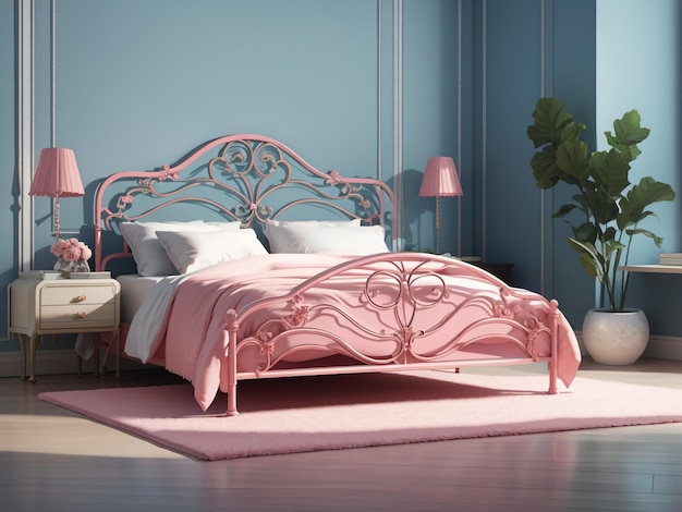 Cadre de lit en fer vintage confortable en joli rose