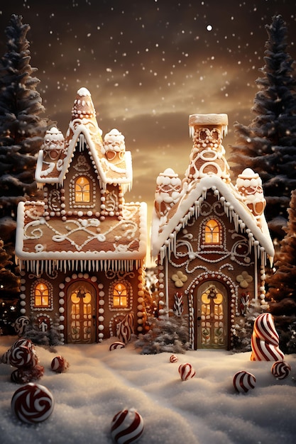 Cadre de maisons en pain d'épice au design complexe ornées de décorations de Noël idées conceptuelles
