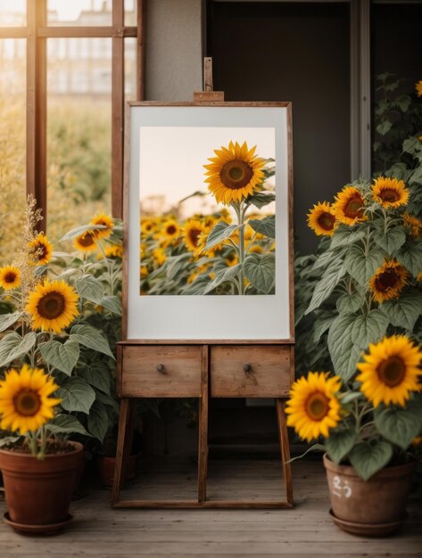 Photo cadre de maquette d'affiche en toile blanche avec fond de tournesol