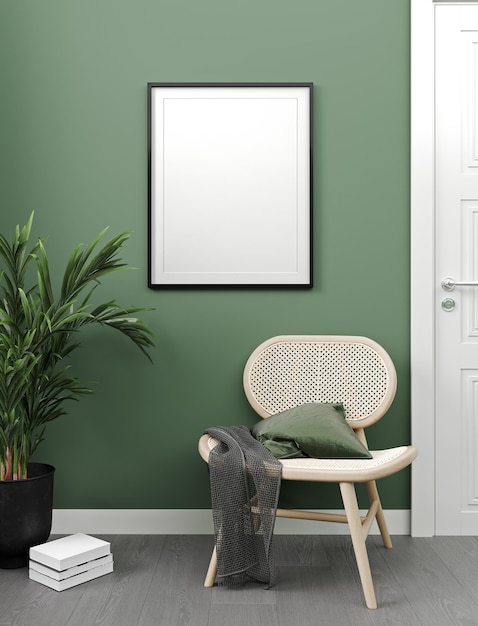 Cadre de maquette dans un intérieur minimaliste simple avec mur vert, rendu 3d