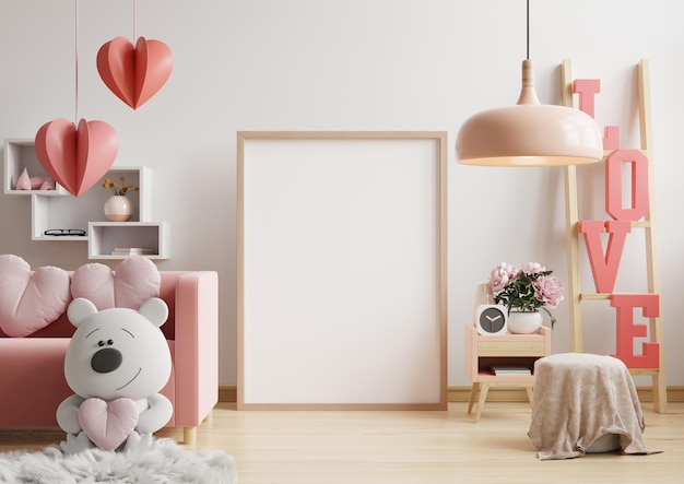 Cadre de maquette le jour de la saint-valentin avec un canapé blanc sur un mur de couleur blanche