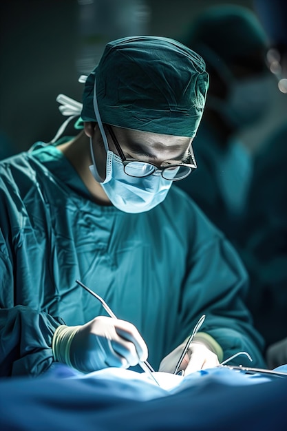 Un cadre médical futuriste où un chirurgien effectue une chirurgie bionique avec un équipement spécial