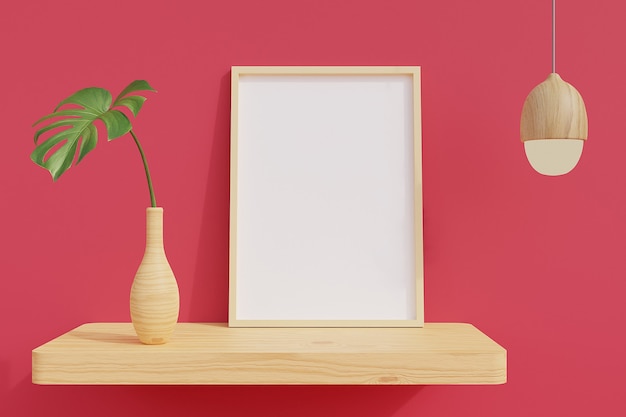 Cadre minimal sur étagère en bois avec des plantes dans la chambre avec un mur rose. Rendu 3D.