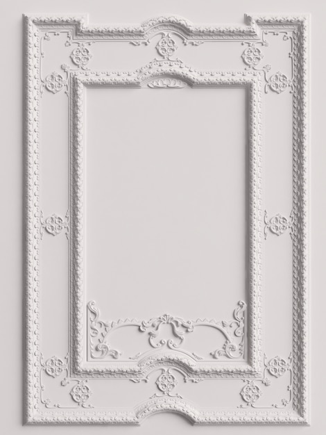 Cadre miroir classique blanc sur le mur blanc. Rendu 3D