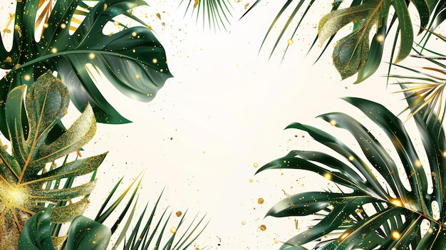 Cadre de mode élégant avec une lumière de coucher de soleil Étalage de plantes tropicales verdure et palmiers Isolé et modifiable