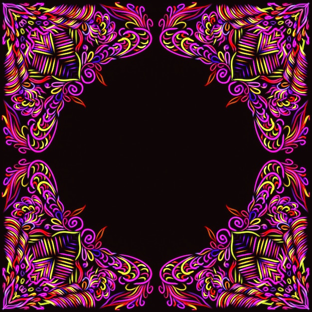Cadre multicolore sur un élément de décor d'ornement de fond noir pour l'ornement textile dessiné à la main